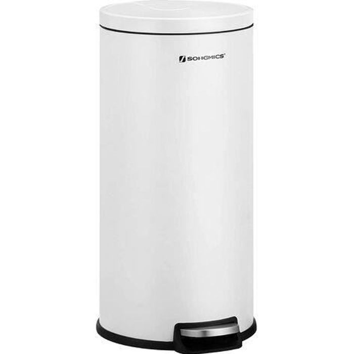 Poubelle à pédale 30L, en acier inoxydable, avec seau intérieur et couvercle en plastique, pour cuisine, salon, bureau, Blanc