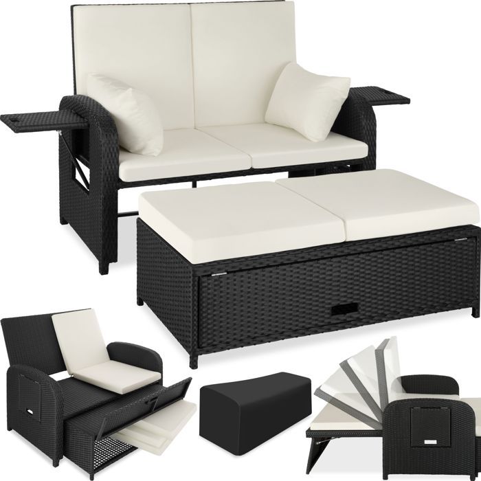 TECTAKE Canapé de jardin CRÈTE en Résine tressée modulable en Bain de soleil 2 Places Coffre de rangement Cadre en Alu Noir