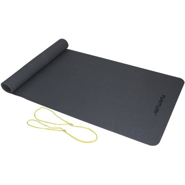 TUNTURI Tapis de Yoga en TPE 3mm Gris Anthracite, Ficelle Jaune