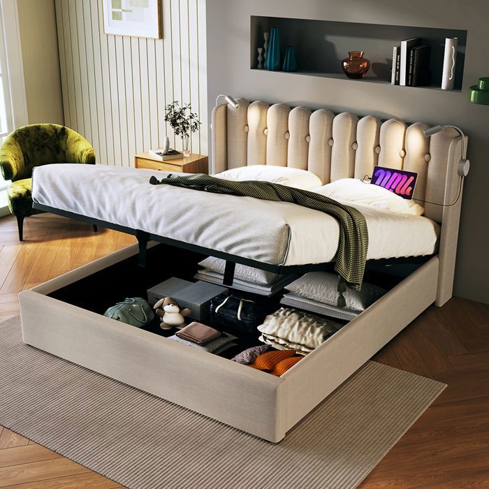 Lit coffre Lit double Lit de lecture avec fonction de chargement Tête de lit avec rangement 140x200 cm Naturel Lit coffre Lit double Lit de lecture avec fonction de chargement Tête de lit avec rangement 140x200 cm Naturel