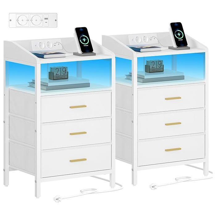Tables de Nuit Lot de 2 avec lumières LED et Station de Recharge Table dappoint Moderne avec Ports USB et Prises de CourantBlanc