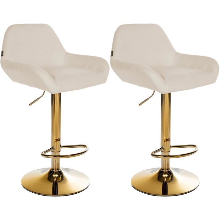 Lot de 2 tabourets de bar repose pieds en forme d arc en metal dore assise en tissu creme TDB10792