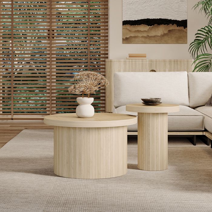 Lot de 2 table basses gigognes ronde 66x40+40x46 cm panneaux de particules table de salon moderne meuble contemporain