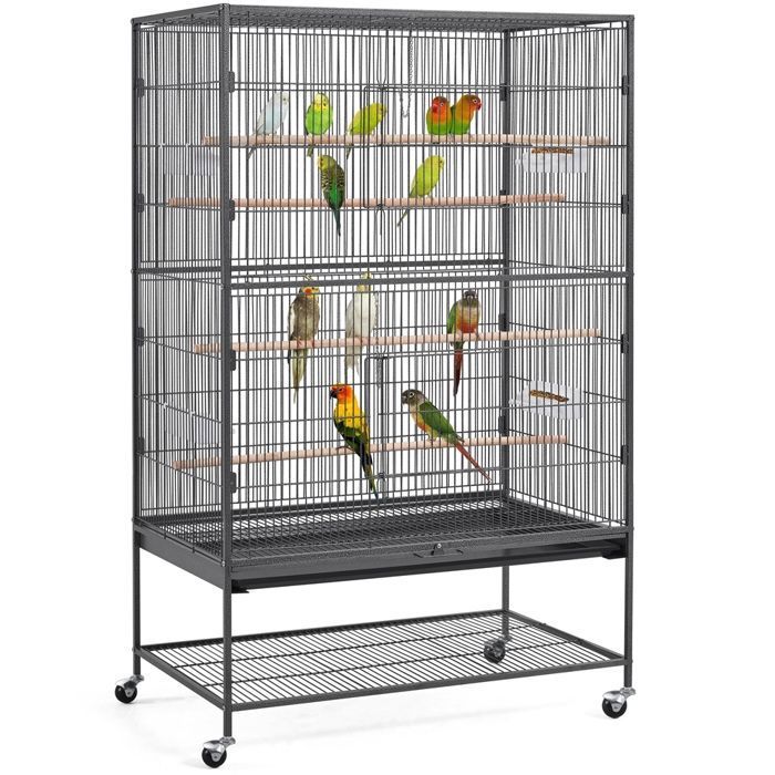Meilleurs prix pour Yaheetech Grande Cage à Oiseaux sur Pied Cage pour Perroquet en Métal Forgé avec Étagère de Rangement, Noir