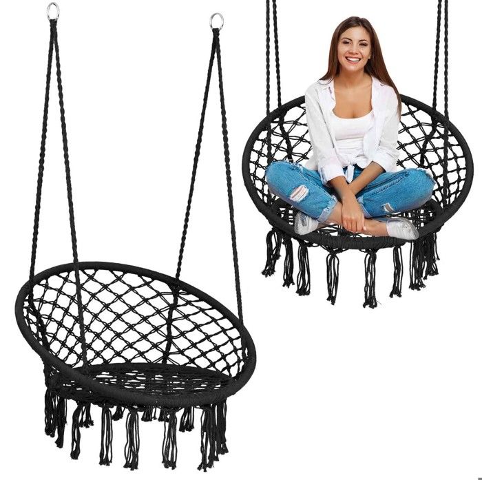 Chaise suspendue de jardin - JANSHOP - BOHO - Noire - Siège large & dossier haut - Pliable bascule