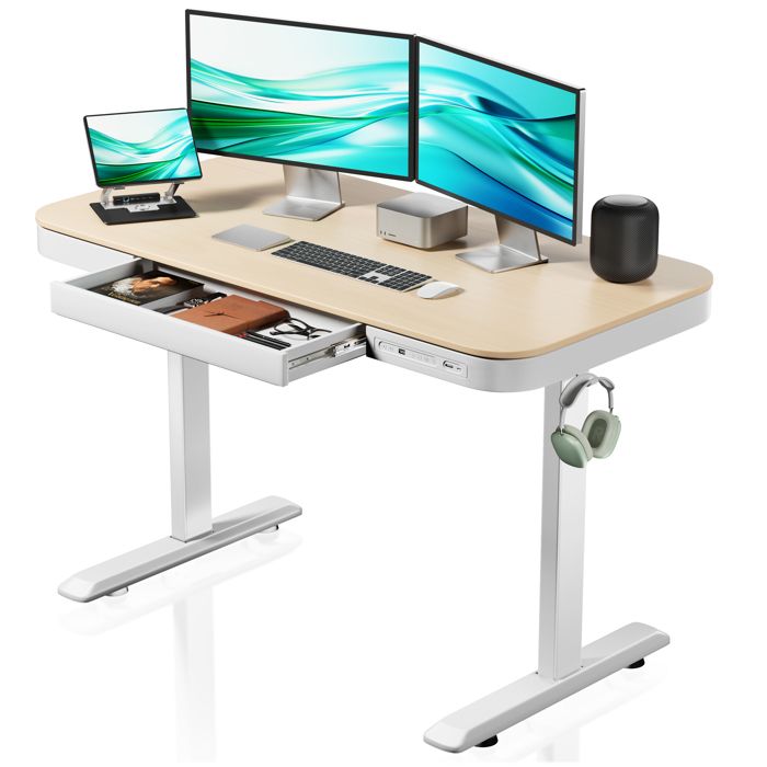 Bureau Assis-debout Mobile - Hauteur Réglable - Plateau Inclinable - Rangement - Blanc