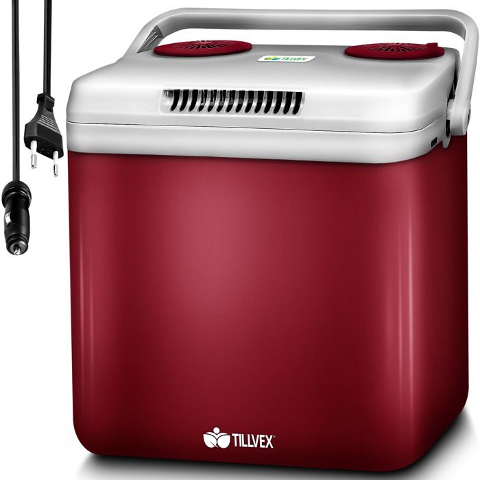 TILLVEX &reg; Glaci&egrave;re &eacute;lectrique 32L Rouge  Mini r&eacute;frig&eacute;rateur 230V et 12V pour Voiture Camping  Refroidit et r&eacute;chauffe  Mode ECO 