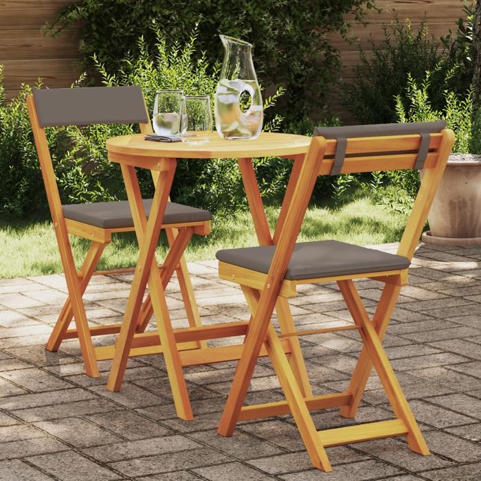 Moderne Set Meuble de jardin - Ensemble Bistro Pliable 3 pcs avec Coussins en Bois Massif Acacia @FR(528296)