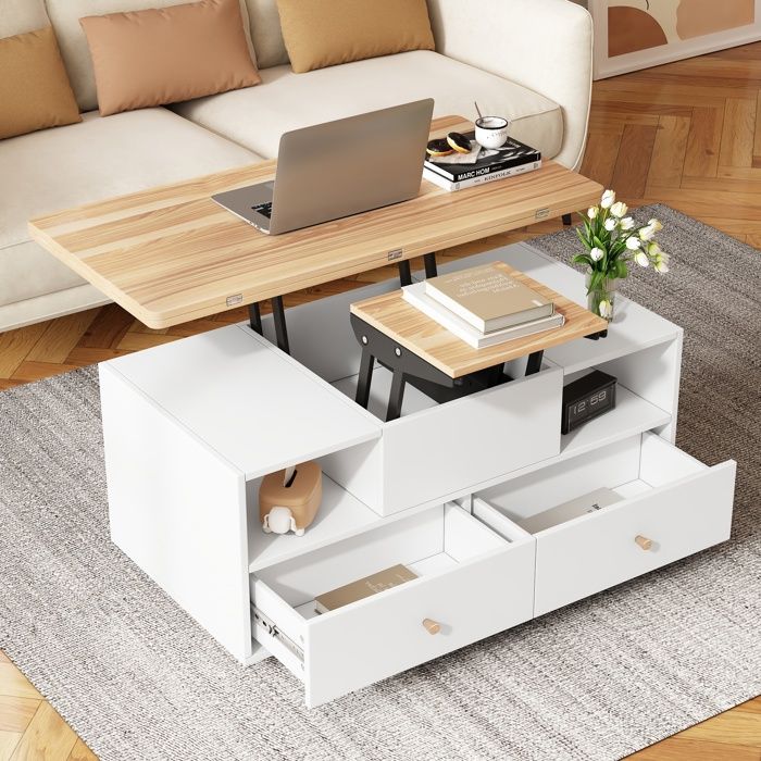 Table basse salon avec Roulettes 4 Tiroirs Rangement Canapé Table Relevage Hydraulique Hauteur Réglable 100x50x62cm Bois Blanc