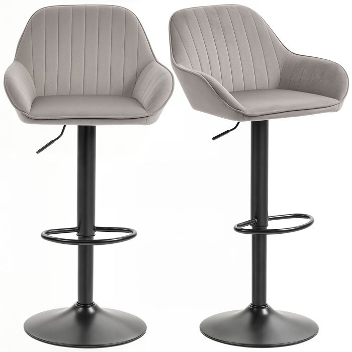 Lot de 2 tabourets de bar - HOMCOM - dossier repose-pieds hauteur réglable et pivotante - tissu en velours - 505x50x107cm - gris