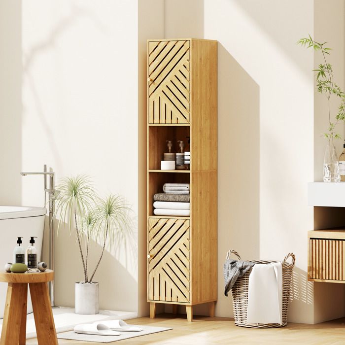 Armoire salle de bain meuble de rangement colonne portes en bambou étagères réglables 32x30x170cm bois naturel