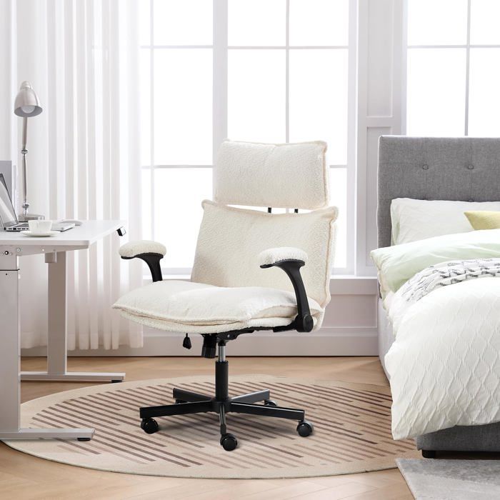 GOOBUY Chaise de Loisirs Fauteuil Pivotant en Peluche Siège Large de 68cm Accoudoir Rabattable à 90° Capacité 150kg Beige