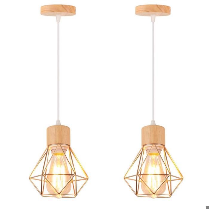 WOTTES Suspension Luminaire Vintage Industrielle Lustre Abat-jour en Métal et Bois Ø16cm Rétro Doré Pour Salon Cuisine (2pcs)