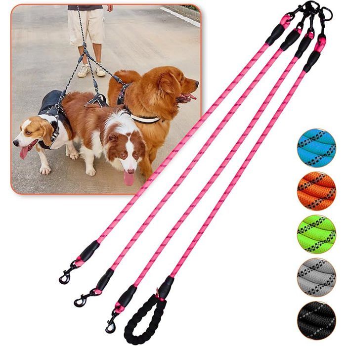 Laisse triple rose anti-nœuds pivotante 360° réfléchissante pour promener LAISSE