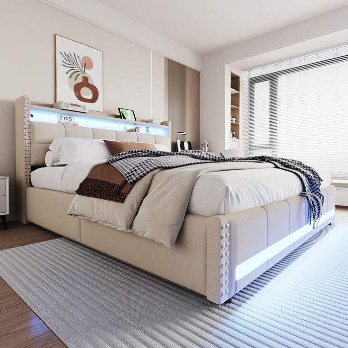 Lit coffre 180x200cm en lin - avec LED et prise USB - Coffre de rangement - Sommier à lattes - avec levier hydraulique - Beige
