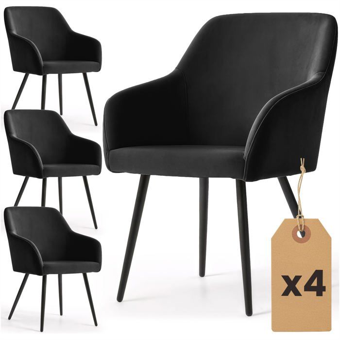 Lot de 4 Chaises en velours lisses ESTELLE Noir pieds noirs Lot de 4 Chaises en velours lisses ESTELLE Noir pieds noirs