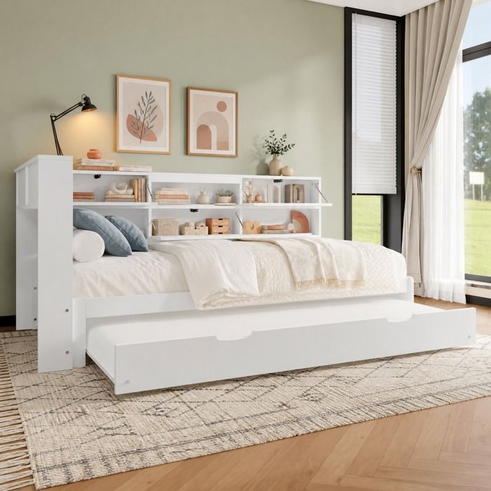 Lit banquette enfant adulte 90x190/200cm. avec lit gigogne. rangements multiples. USB+TypeC. pin. sans matelas. blanc
