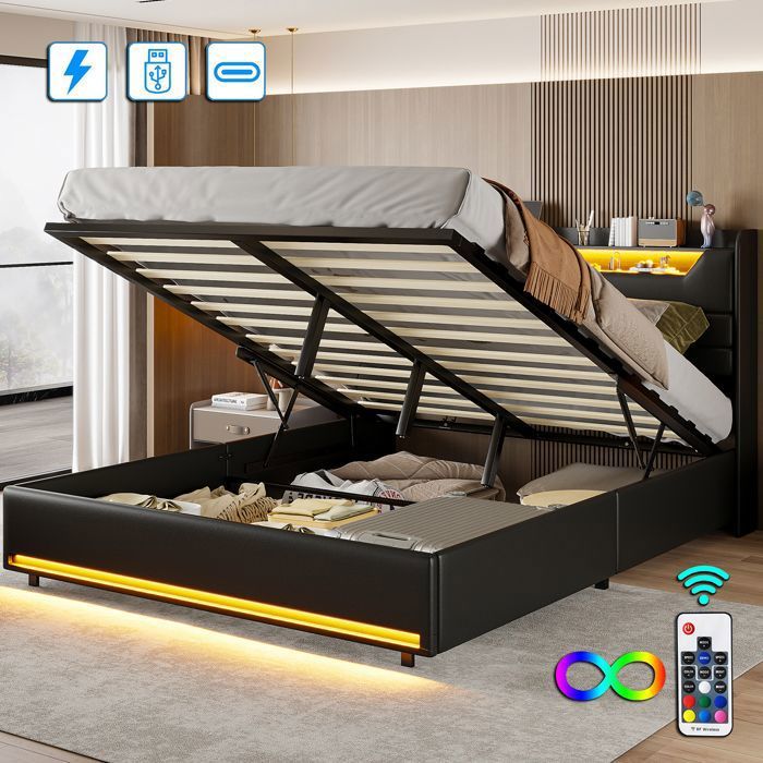 Lit Coffre 140x190 cm LUMINARIX Lit double éclairage LED USB et Type-C Lit rembourré Matériau en cuir synthétique