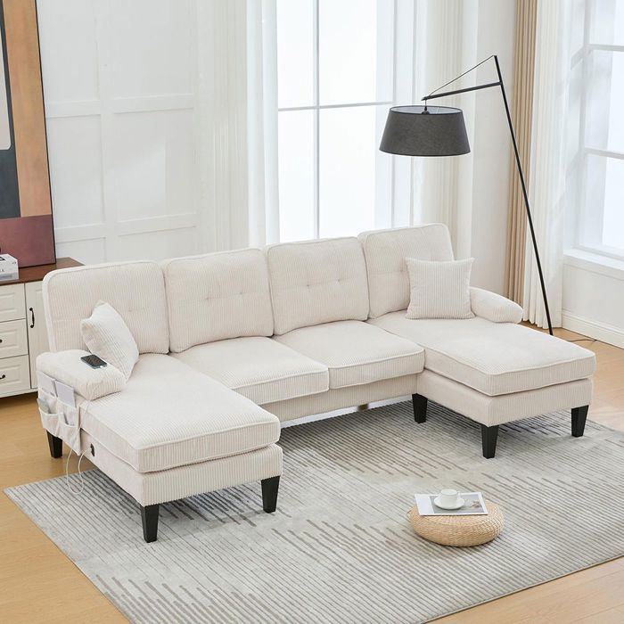 Canapé 4 places - En U - Beige - Tissu lin - 2 chaises longues