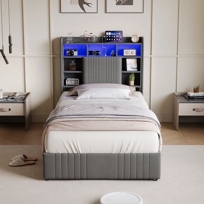 Lit Simple 90x200 cm avec Sommier Lit Coffre avec 2 Tiroirs LIT Enfant et Lampe de Chevet LED， USB et Type-C sans Matelas Lin Gris