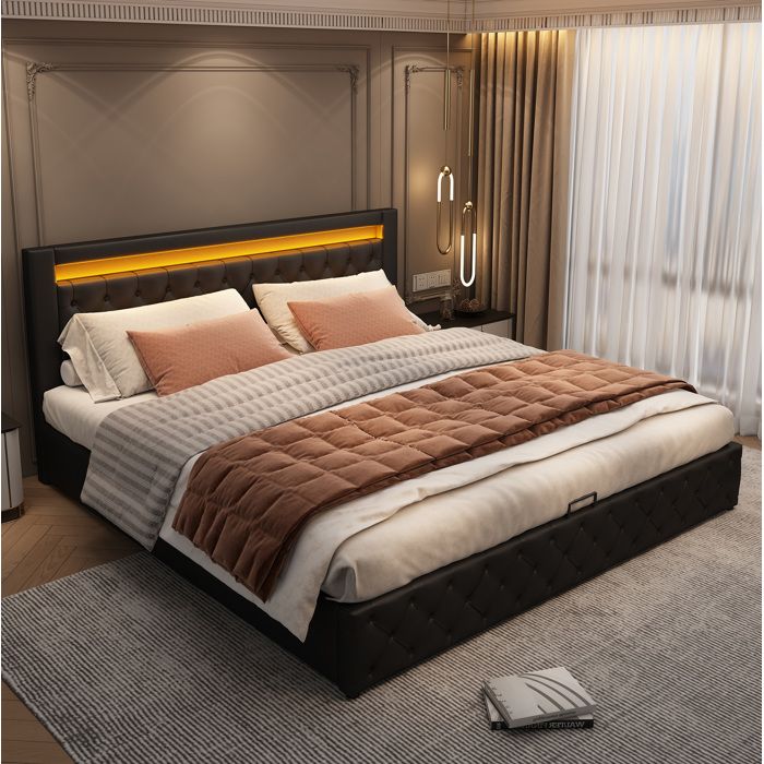 Lit double noir 140×190 cm avec sommier inclus rangement hydraulique LED tête de lit rembourrée