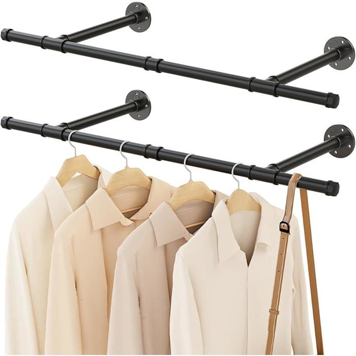 Tringle Vetement Murale Penderie Murale 90cm Barre Dressing Industriel Portant pour Salon Chambre Noir 90cm (2-Pack)