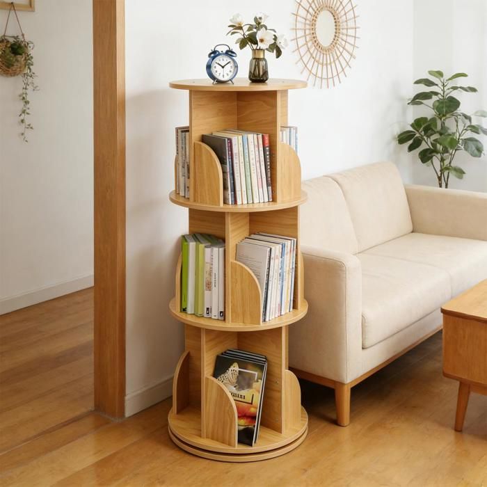 LVHCMFOHM Bibliothèque Pivotante 360° Couleur bois Étagère Rotative Ronde à 3 Niveaux 40x40x98 cm pour Salon/Chambre/Bureau
