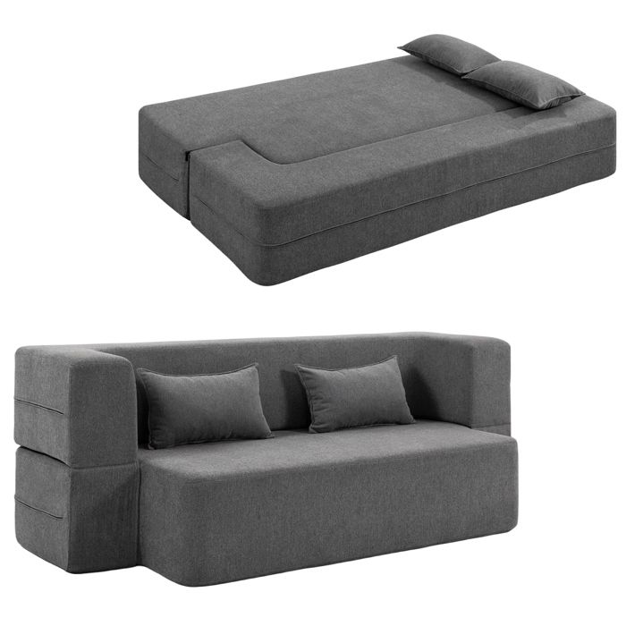 Canapé convertible 2 places - HOMCOM - assise et accoudoirs larges 2 coussins entièrement compressé - chenille - 203x95x75cm - gris
