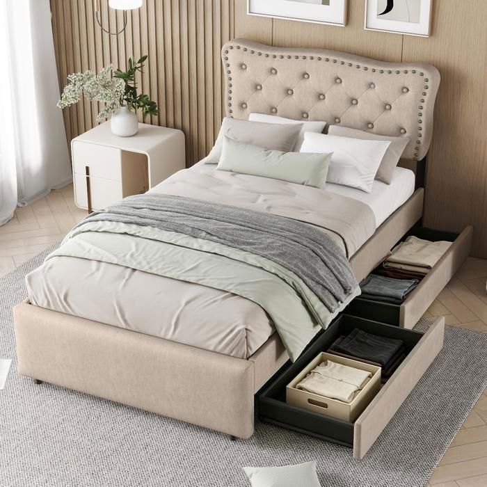Lit 90x200 avec Sommier à Lattes Lit 1 Place avec Tête Capitonné 2 Tiroirs de Rangement Tissu de Lin Design Rivets Beige foncé