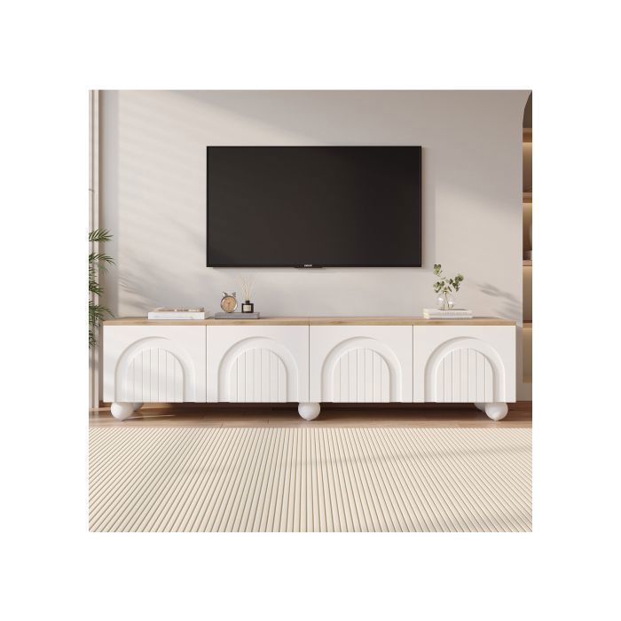 Meuble TV 180x40x45 cm 4 compartiments 6 pieds boule métal adapté TV 80 bois + blanc.
