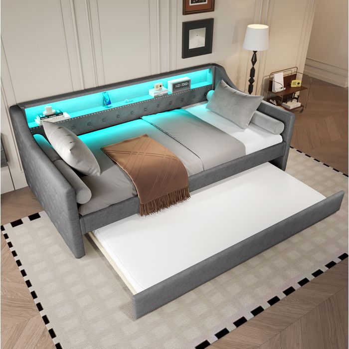 Lit Gigogne 90x200 cm - Lit enfant - LED et USB - Sommier à Lattes - Lin Gris