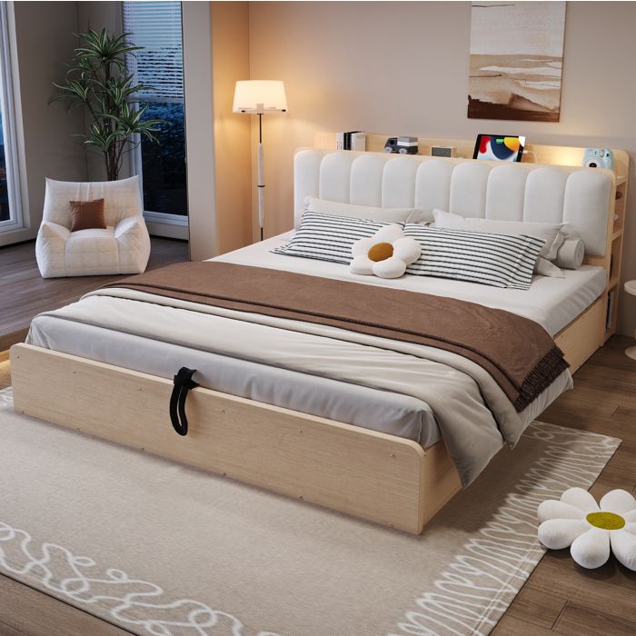Lit coffre Double 180×200 cm USB prise rangement hydraulique - ELVMI - sans matelas bois et velours