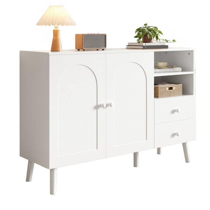 Modenuit Buffet bas blanc 118 x 35 x 82 cm avec 2 portes arquées 2 tiroirs 2 niches ouvertes et pieds en bois