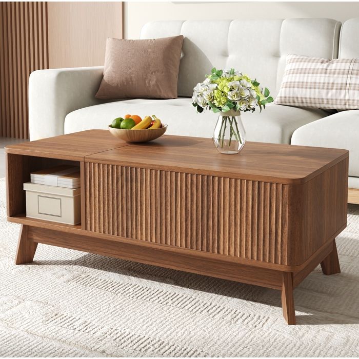 Table Basse Relevable MDF Noyer Meuble Moderne FloraGrace Pour Salon Rangement Cache 95x48x50cm