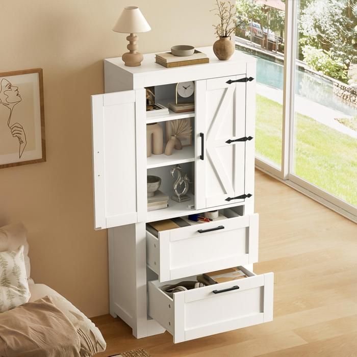 Buffet de cuisine style grange 60x30x128 cm avec 2 portes 2 tiroirs étagères réglables meuble de rangement PB/MDF blanc