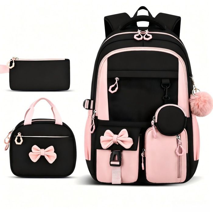 3 PCS Sac à Sport Fille avec Boîte à Lunch et Trousse Sac Scolaire pour Enfants Primaire avec Poche Anti-vol pour école