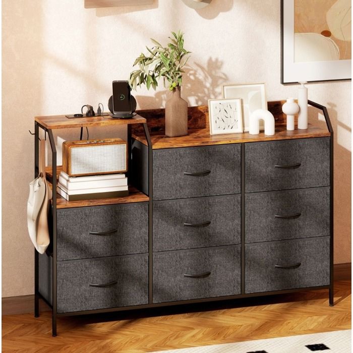 VUENOR Commode 8 tiroirs 130 5x30x88 cm marron rustique - station de charge integree