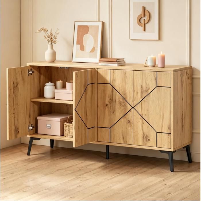 Buffet bas 4 portes en MDF aspect bois naturel 120 x 35 x 69 cm meuble de rangement style industriel