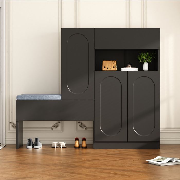 MEULVA Meuble à chaussures avec banc portes à fermeture douce étagères réglables noir 130 x 35 x 110 cm