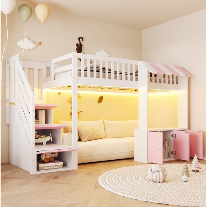 Modenuit Lit mezzanine 90x200 cm avec escalier de rangement armoires LED multicolore rose et blanc