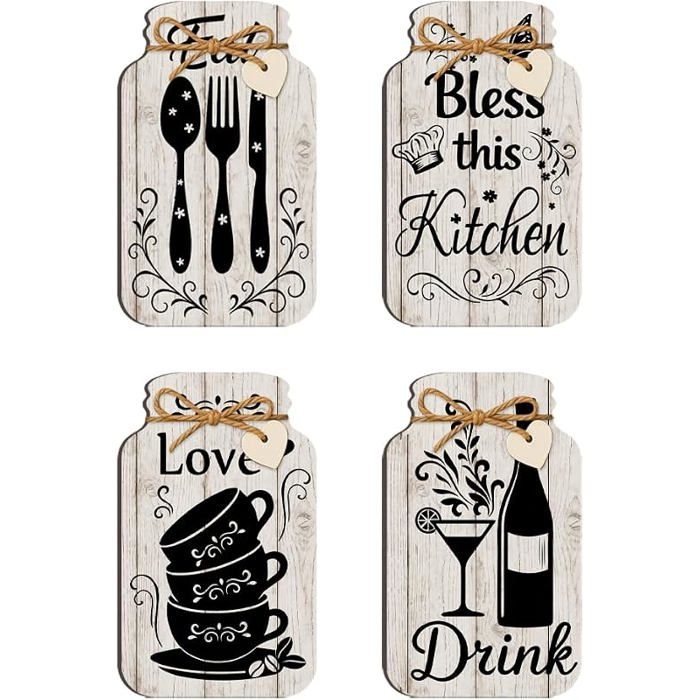 4pcs Décor Mural Cuisine Décor Cuisine MurDécoration Murale Panneau en Bois Cuisiner Panneau en Bois Po OBJET DE DECORATION MURALE