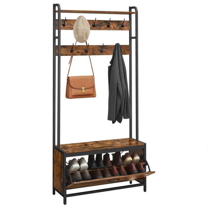 Meuble d’Entrée avec Banc 9 Crochets et Étagère Pte-Manteaux Vestiaire Marron Rustique + Noir 30P x 30P x 8 MEUBLE A CHAUSSURES