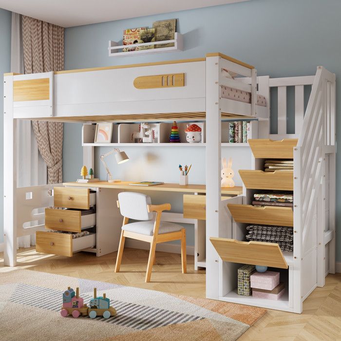 Lit Mezzanine 90x200 cm - Lit Combiné Enfant avec Bureau Escalier de Rangement et Étagère - Blanc et Naturel