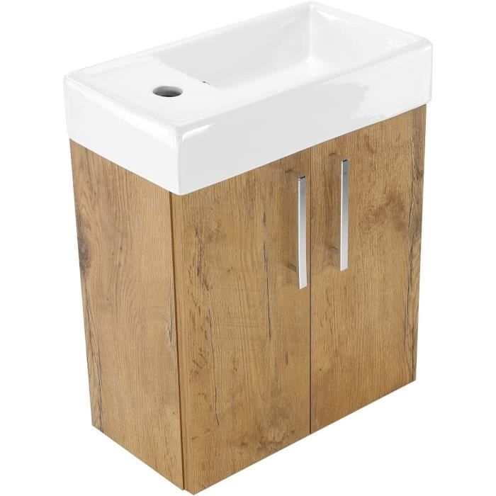 Meuble Sous Lavabo Suspendu Salle De Bain 40x22x58cm - Blanc Et Marron - Sans Robinetterie - 5