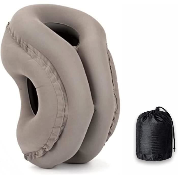 Oreiller De Voyage Gonflable Avec Support Cervical - Pour Avion, Train, Bureau - Gris, Sac De Transport Inclus + Masque Et Bouchons D'oreilles