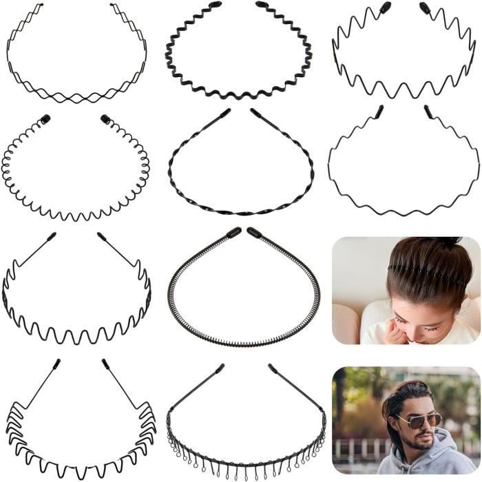 Lot De 10 SerreTête Pour Homme En Métal Fins Zigzag Noir