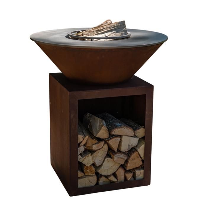 Bras&eacute;ro plancha avec meuble range bois Le Classique en corten 80x90 Barbecue d'ext&eacute;rieur Grill'Chic