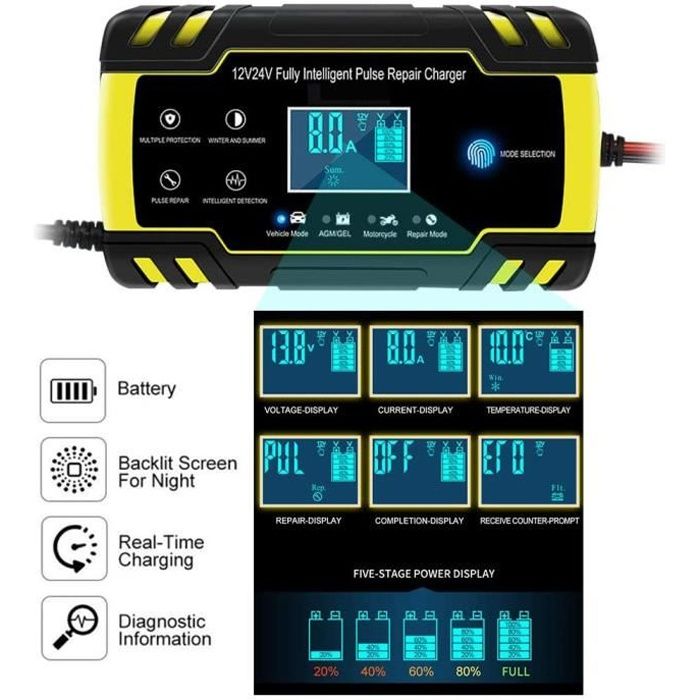 Chargeur de batterie intelligent automobile 12V - 24V pour voiture, camion, moto, tondeuse à gazon, bateau, VR, SUV, VTT