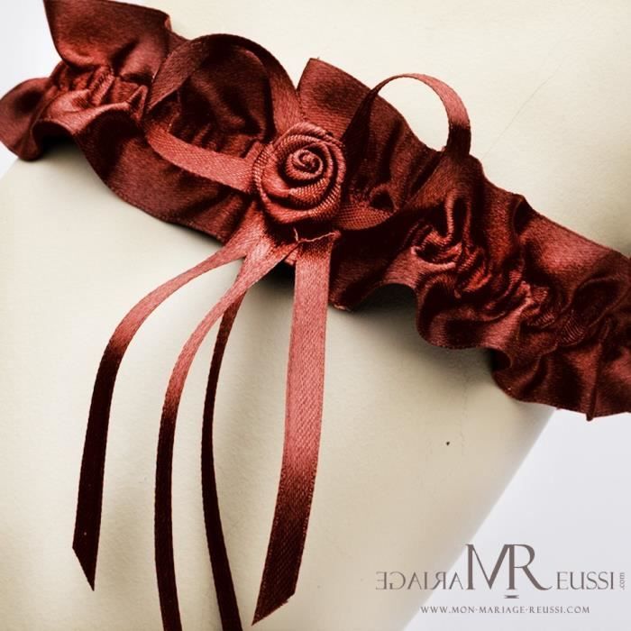 1 Pcs Jarretiere Mariee Satin Bordeaux Avec Une Rose Extensible