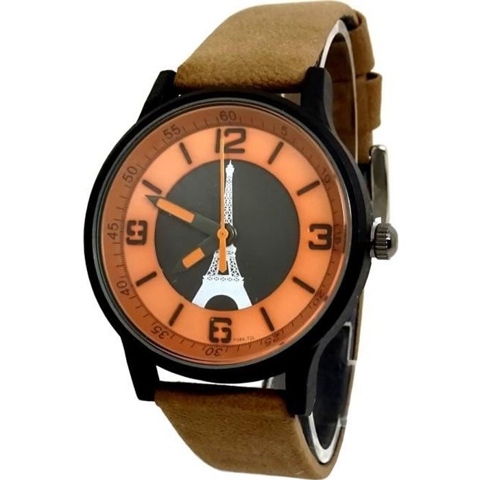 MONTRE HOMME FEMME CHIC PARIS MARRON ORANGE TOUR EIFFEL PSG